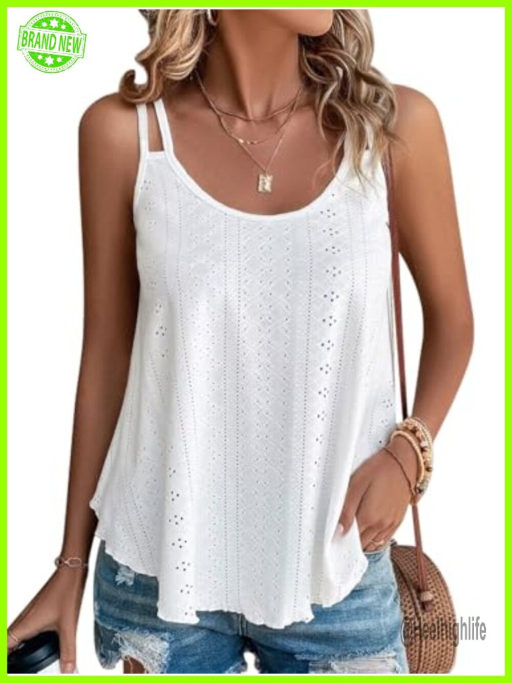 Womens Eyelet Tank Top Spaghetti Strap Sleeveless Flowy Summer Shirt